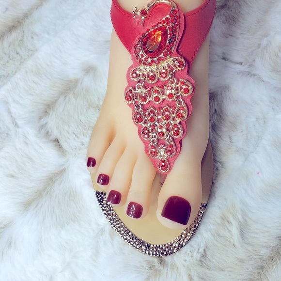 Red Rhinestone Peacock Toe Strap Sandals - Picture 9 of 15